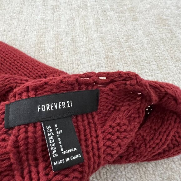 Forever 21 Cotton Chunky Cable Knit Red V-Neck Long Tunic Sweater S - Picture 2 of 9